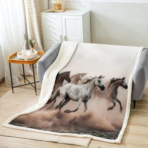 Kids Horse Sherpa Blanket Galloping Horses Printed Fleece Throw Blanket 3D Wild Animal Theme Plush Blanket for Sofa Couch Bed Decor Wildlife Warm Fuzzy Blanket King 87"x95"