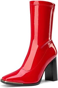 DREAM PAIRS Women's Square Toe Gogo Boots Elastic Ankle Boots High Chunky Block Heel Mid Calf Boots,Size 9,Red/Pu,SDMB2206W