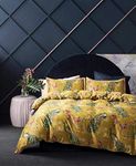 Eikei Home Chinoiserie Chic Peacock Floral Duvet Cover Paradise Garden Botanical Bird and Tree Branches Vintage Stylized Long Staple Cotton Bedding Set (Queen, Citrine)