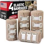 Premium Compression Bandage - 4pk (2x7.5cm + 2x10cm) +12 Extra Clips - Durable Elastic Bandage Wrap - Reusable Elasticated Bandage - Stretches up to 4.6m