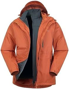 Mountain Warehouse Bracken Extreme Mens 3 in 1 Waterproof Jacket – Adjustable Mens Coat, Warm Rain Jacket, Headphone Compatible Outerwear – for Camping, Walking, Burnt Orange, XS