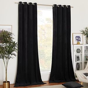 NICETOWN Halloween Black Curtains Patio Blackout Velvet Curtain Panels, Media Movie Theater Room Decor, Energy-efficient Velvet Woven Home Theater Eyelet Top Drapes for Living Room (1 Pair, W52xL96)