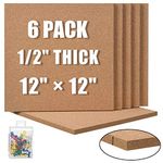 SUNGIFT Cork Board 12"x12" - 1/2" Thick Square Bulletin Boards Cork Tiles with 50 Push Pins Mini Wall, 6 Pack Self-Adhesive Corkboards for Wall