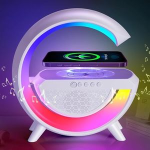Bluetooth Speaker with Wireless Charging, Table Lamp with Bluetooth Speakers, Time Display Alarm Clock, 15W Qi Wireless Charger and Hi-Fi Music, Dazzling Lights Bedside Lamp, AUX/TF/FM