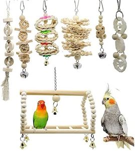 7-Piece Wooden Bird Chewing Toy，Parrot cage Foraging Hanging Toy, Suitable for Cockatiels, Conures, Finches, Parrots, Macaws, Parrots, Lovebirds