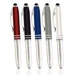 King of Flash Stylus Pen 3 in 1 Universal Capacitive Pens for Touch Screens Devices, LED Torch Light & Fine Metal Ballpoint Pen - 5 Pack Present Office or Home use with Pouch & 5 Refills