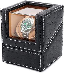 DRIKLUX Automatic Single Watch Winder for Rolex and Other Luxury Watches - Automatic Winder with Quiet Motor, Premium Black Ostrich Leather Exterior and Soft Flexible Watch Pillows of Camel Velvet