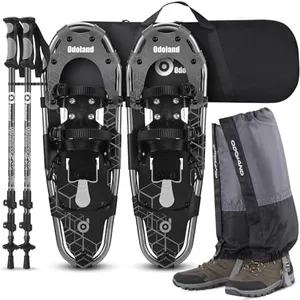 Odoland 4-in-1 Snowshoes Snow Shoes for Men and Women with Trekking Poles, Carrying Tote Bag and Waterproof Snow Leg Gaiters, Lightweight Snow Shoes Aluminum Alloy, Black+Grey, Size 25''