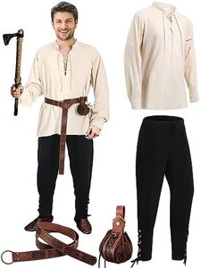 Panitay 4 Pcs Men's Halloween Medieval Costume Set Renaissance Viking Shirt Gothic Pants Knight Belt Retro Coin Pouch (Black, Khaki, Brown, Large)