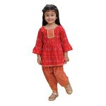 Bold N Elegant Leheriya Bandej Print Girl's Ethnic Kurta Top with Peplum Dhoti Pant Tradional Dress for Infant Toddler Teedler Baby Girls Upto 6 Years (Red, 4-5 Years)