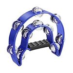 Flexzion Tambourine Metal Half Moon Musical Instruments Double Row Metal Jingles Hand Held Instruments Percussion with Ergonomic Handle Grip, Tambourines for Adults, Blue