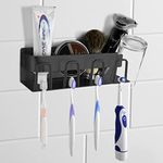 Toothbrush Holder Wall Mounted for Bathroom, 4 Cups Toothbrush and Toothpaste Holder, Stainless Steel Razor Holder for Shower, Multifunctional Shower Organizer (Black)