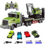 Fistone RC Semi Truck & Excavator Toy Set, 1:12 Remote Control Semi-Trailer with Sound and Lights, 2.4Ghz Flatbed with Excavator, Construction Vehicles for Boys 6-12 Years Old