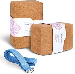 Arltb Yoga Blocks 2 Pack Cork Yoga Brick 9"x6"x4" with Metal D-Ring Yoga Strap Eco-Friendly EVA Foam Exercise Blocks Set Provides Stability and Balance, Light Weight and Non-Slip Surface for Yoga, Cork Yoga Block, 9"x6"x4"