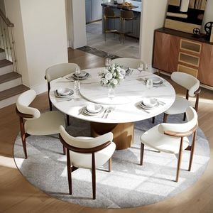 POVISON 59" Round Dining Table for 6 with Lazy Susan, Glossy White Sintered Stone Dining Tabletop with 31" Lazy Susan, Bronze Carbon Steel Pedestal, Modern Dining Table for Living Room (Table Only)