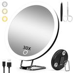 30x Magnifying Mirror with Light, Large 15cm 3 Colors Dimming Lighted 30x Magnified Mirror with Suction Cups & Table Stand, Travel Magnifying Makeup Mirror 30x Magnification with Tweezers & Scissors