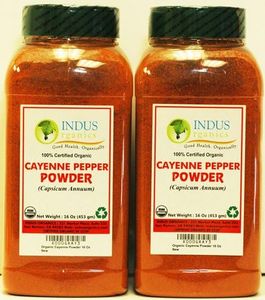 Indus Organics Cayenne Pepper Powder (40,000 SHU), 1 Lb (X2 of Jars), Steam Sterilized, Premium Grade, High Purity, Freshly Packed