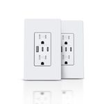 TOPELER USB Outlet Receptacle, 3-Port USB C Wall Outlet, 30W 6.0A USB Charging Power Outlet, 15 Amp Tamper-Resistant Receptacle, ETL& FCC Listed, Screwless Wall Plate Included, White, 2Pack