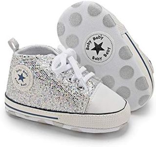 KIDSUN Unisex Baby Boys Girls High Top Sneaker Soft Anti-Slip Sole Newborn Infant First Walkers Canvas Denim Shoes, B02-sequins Silver, 3-6 Months Infant