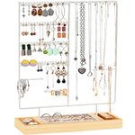 ProCase Earring Holder Necklace Organizer Jewelry Stand, 144 Holes Jewellery Organizers Earring Display Storage Rack with Removable Wooden Ring Tray for Bracelets Rings, Gifts for Women Girls -White