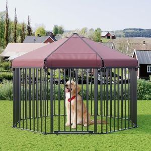 Large Dog Kennel Outside with Roof, Outdoor Dog Kennel with Metal Gate, Heavy Duty Hexagonal Dog Kennel with Lock for OuLarge Dog Kennel Outside with Roof, Outdoor Dog Ketdoor Backyard (4.9x4.9x3.6FT)