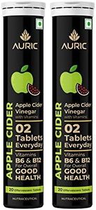 Auric Apple Cider Vinegar | 40 ACV Tablets with Vitamin B6 & B12 | Weight Loss & Metabolism Benefits | Supports Digestion, Bloating Relief & Gut Health for Men and Women | Taste Only Green Apple, Not the Vinegar