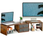 Dual Monitor Stand Riser with 2 Drawers - Length and Angle Adjustable 3 Shelf Monitor Riser with Storage Desk Organizer Large Computer Monitor Stand for 2 Monitors/Laptop/PC,Screen/TV Stand Riser