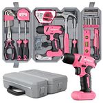 Hi-Spec 57 Piece Pink 8V Electric Power Drill Driver & Home DIY Tool Kit Set. Complete Hand Tools for Home & Office Repair. All in a Tool Box Case