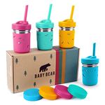 Baby Bear Products Kids Cups - Set of 4, 250ml Stainless Steel Mason Jar with Silicone Sleeves and Straws with Stoppers | Smoothie Cups | Toddler Sippy Cups