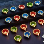 TIED RIBBONS Set of 18 Handmade Clay Diwali Diyas Earthen Oil Lamp Large Diwali Diya for Diwali Decoration Home Puja Office Pooja Room Mandir Temple Table Dipawali Decor Items (Multi, 6 cm x 2 cm)