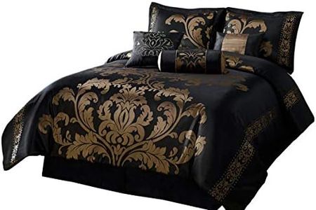 Chezmoi Collection 7-Piece Jacquard Floral Comforter Set/Bed-in-a-Bag Set, King, Black Gold