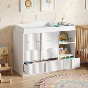 DTK Changing Table Dresser, Baby Dresser with Changing Table Top, Nursery Dresser with 4 Drawers and Shelves, Wood Changing Table with Storage, Diaper Changing Station for Nursery