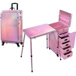 Joligrace Makeup Case Vanity Case Large Make Up Box Makeup Trolley on Wheels Beauty Box with 5 Drawers Portable Manicure Nail Table Make Up Organiser Storage, Pink