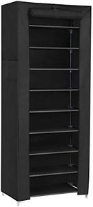 SONGMICS 10-Tier Shoes Rack with Dustproof Cover, 28 x 58 x 160 cm, Shoe Storage Cabinet, Shoe Organiser, Shoe Stand Holds 27-35 Pairs of Shoes, for Living Room, Hallway, Black RXJ10H