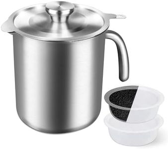 304 Stainless Steel Oil Tank 2L/68oz multi-functional container with activated carbon filter for deodorization and fine oil residue removal. Features fine mesh strainer for efficient grease filtration
