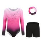 Cucudy Gymnastics Leotards Set For Girls - Long Sleeve & Sleeveless Leotards with Shorts and Headband Gradient Color Sparkling Ballet Dancing Unitards Gymnastics Outfit for 5-12 Years