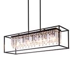 Wellmet Farmhouse Chandelier for Kitchen Island Light with K9 Crystal, Black Rectangle Dining Room Lighting Fixtures Hanging, 4 Lights Crystal Chandeliers Ceiling Light Fixture