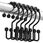 Titanker Shower Curtain Hooks Rings, Anti-Rust Metal Double Glide Shower Hooks for Bathroom Shower Rods Curtains, Set of 12 Hooks - Matte Black