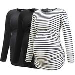 Smallshow Women's Maternity Tops Long Sleeve Pregnancy Clothes T Shirts 3-Packs,Black-Deep Grey-White Stripe,L