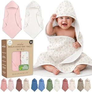 infancie Organic Cotton Muslin Baby Hooded Towels - 32x32 Inch, 2 Pack Newborn Bath Towels for Boys & Girls, Soft & Absorbent Bath Set (Blush & Ivory Floral)