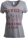 Hawkins Middle School A.V. Club | Vintage 80s AV Hawkin Women V-Neck T-Shirt Top-(Vneck,L) Grey