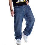 LUOBANIU Men's Loose Fit Baggy Hip Hop Cotton Denim Work Pants Straight Leg Jeans - Blue - 44