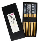 Exzact Chopsticks Gift Set - 5 Pairs of Reusable Natural Bamboo Chopsticks in a Beautiful Black Handmade Box - Decorated Japanese Ancient Blue Ornamentation (Blue and White)