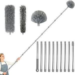 Aeriksen Microfiber Duster Set with 4.3M Bold Extension Pole & 3 Interchangeable Heads, Outdoor Indoor Extendable Dusters for Cleaning Ceiling Fan, Cobweb,Gap, High Ceiling, Blinds, Cars, Furniture