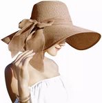 Lanzom Womens 5.5 Inches Big Bowknot Straw Hat Large Floppy Foldable Roll up Beach Cap Sun Hat UPF 50+, Khaki, One Size