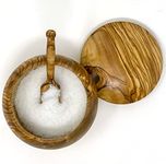 Ezo.Home Handmade Olive Wood Salt Cellar with Spoon and Lid - Elegant Salt Keeper 10cm with 100ml Capacity, Natural Design