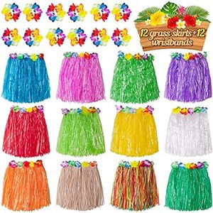 jollylife 12PCS Hawaiian Luau Hula Skirts + 12PCS Wristbands - Hibiscus Flowers Birthday Tropical Party Decorations Favors Supplies
