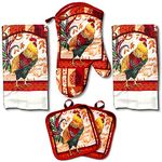 Kitchen Towel Set 5 Piece Towels Pot Holders Oven Mitt Decorative Design Everyday Use (5 Piece Set, Farm Rooster)