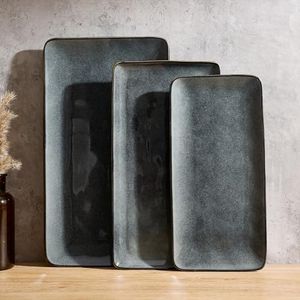 Famiware Serving Platter, Rectangular 15.67/14.1/12.6inch Serving Dishes for Entertaining, Dishwasher Safe, Stoneware Serving Trays for Party, Food, Turkey, Snack, Cheese, Reactive Glaze, Deep Forest