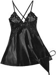 Avidlove Womens Lingerie Satin Lace Nightwear Silk Lace Floral Babydoll Sleepwear Black M
